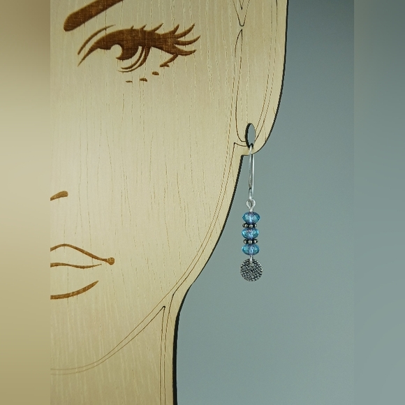 HAND CRAFTED Blue Artisan Glass Silver Rustic Minimalist Dangle Earrings - Picture 5 of 6